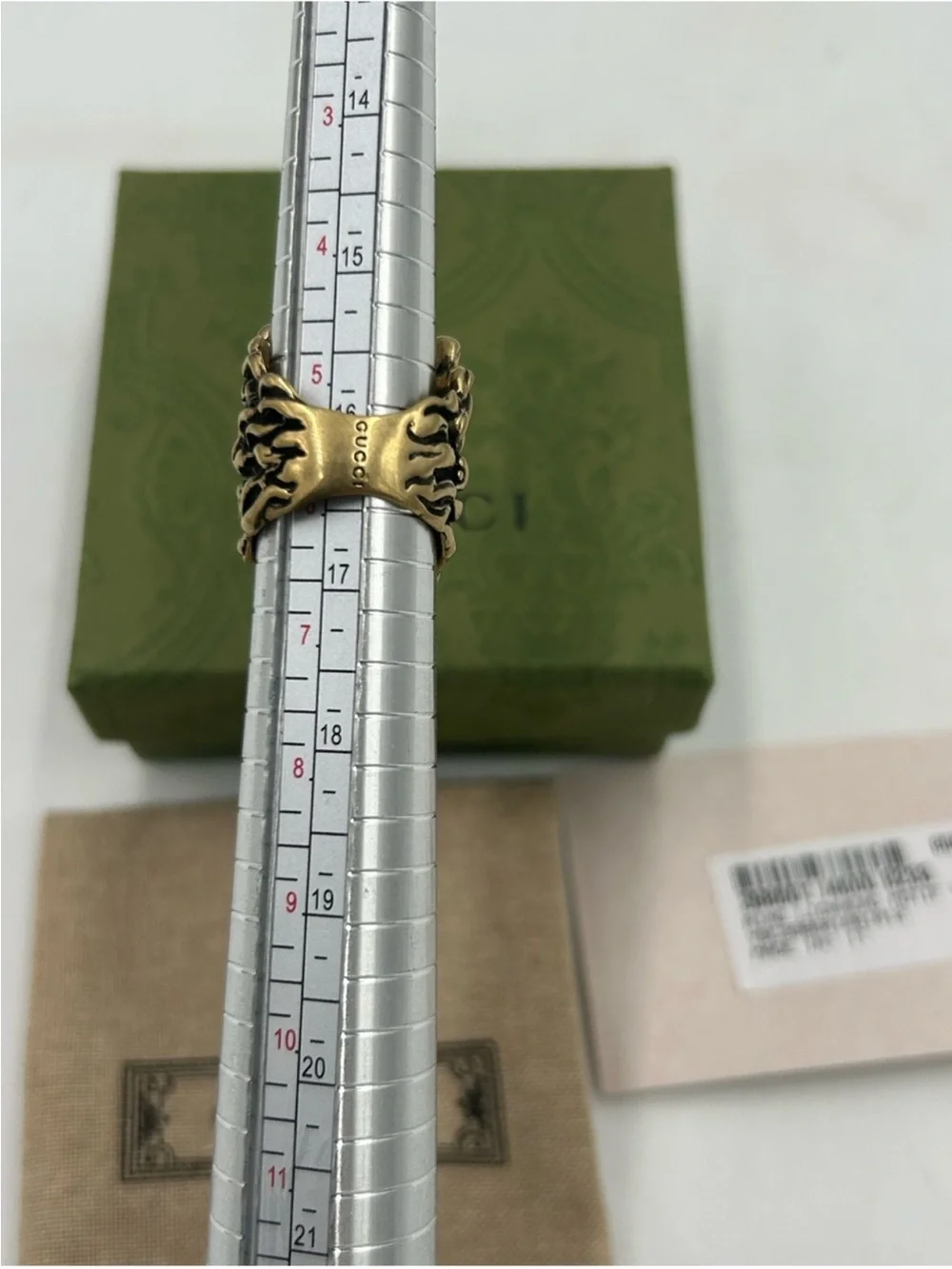 Unisex Gucci, iconic Lionhead ring, gold tone, brass finish size 6, made Italy